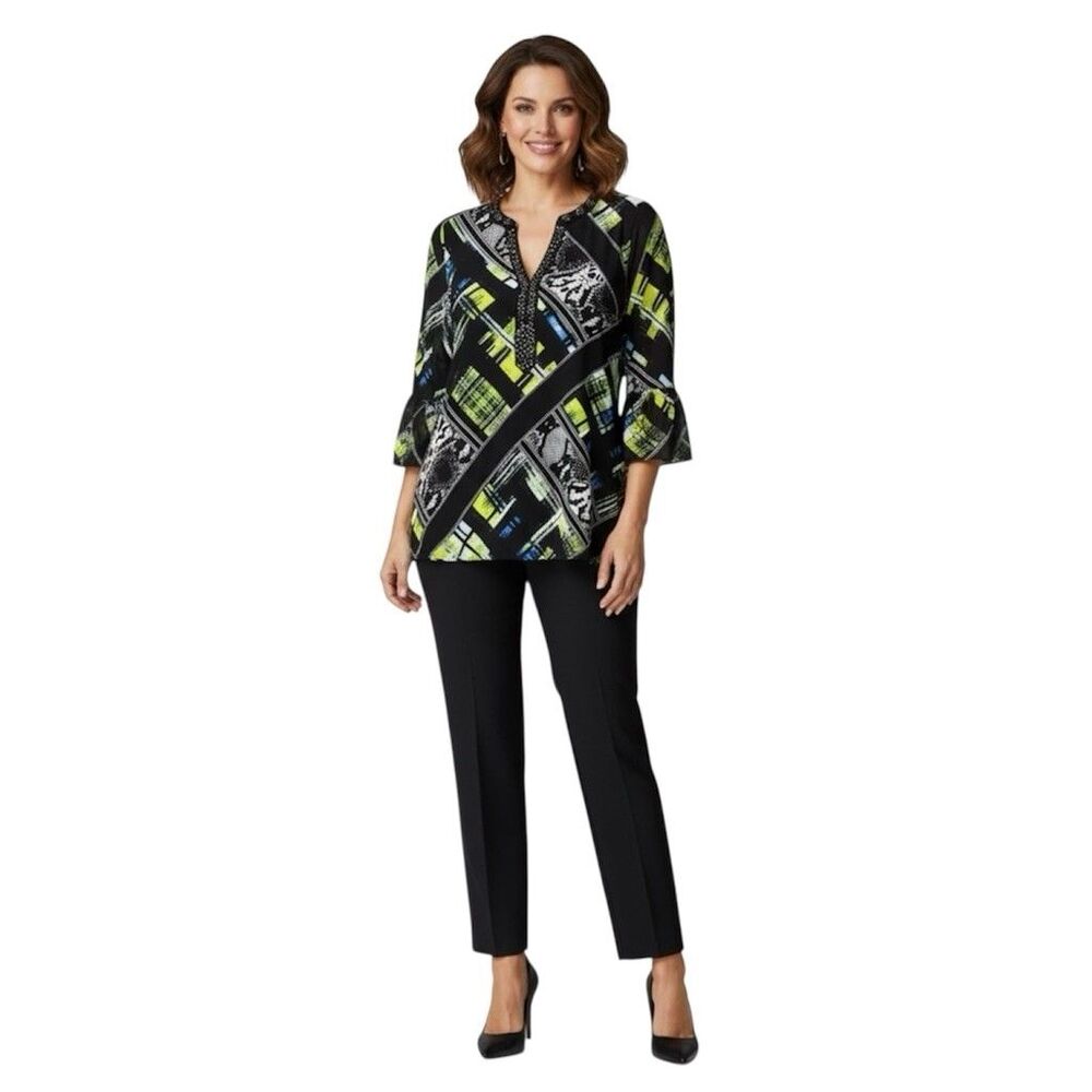 Jeweled V-Neck Blouse with Ruffles